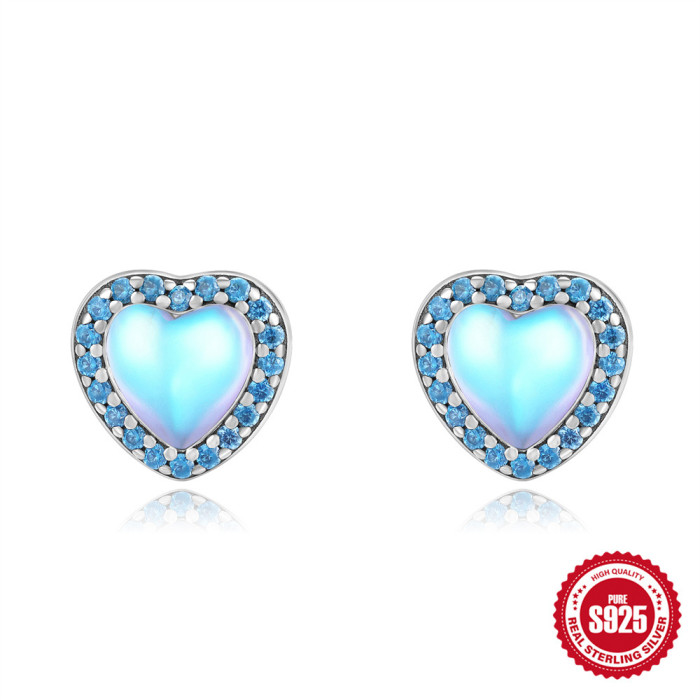 S925 Sterling Silver Heart Five-Pointed Star Butterfly Inlaid Diamond Moonstone Earrings European and American Fashion Retro Footprint Ear Jewelry