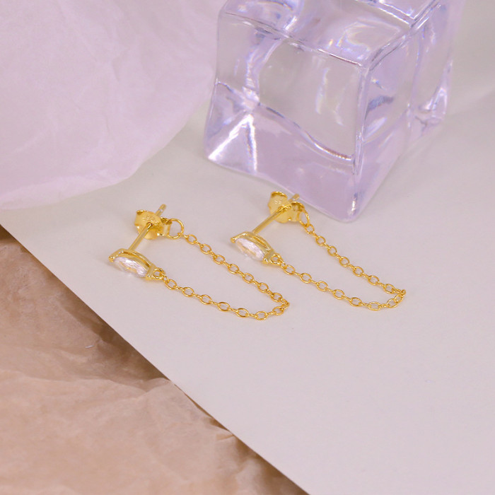S925 Sterling Silver Rhombus Inlaid Diamond Tassel Chain Earrings Studs Internet Celebrity Street Style Personality K Gold Plated Light Luxury Women's Earrings