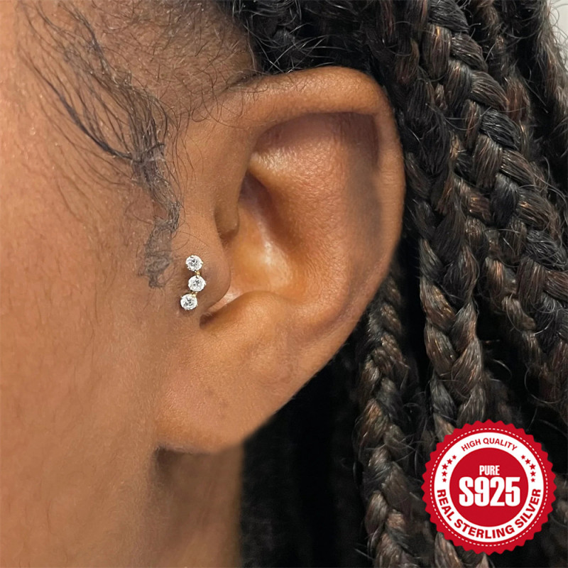 925 Sterling Silver INS Style Inlaid Diamond Octagonal Star Heart Flat Head Soft Bone Piercing Ear Bone Stud European and American New Style Threaded Earrings
