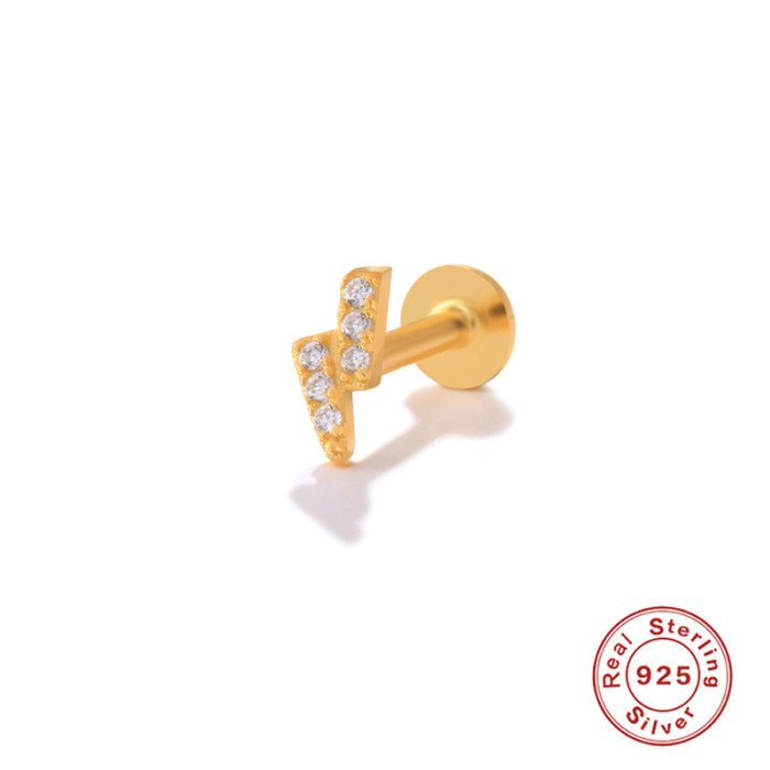 European and American Hot-Selling S925 Sterling Silver Lightning Diamond-Studded Piercing Jewelry Personality INS Flat Head Threaded Piercing Cartilage Earrings
