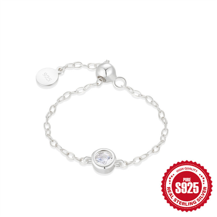 925 Sterling Silver Light Luxury Inlaid Zircon Ring for Women Ins Trend Open Adjustable Chain Ring Silver Jewelry, Ne...