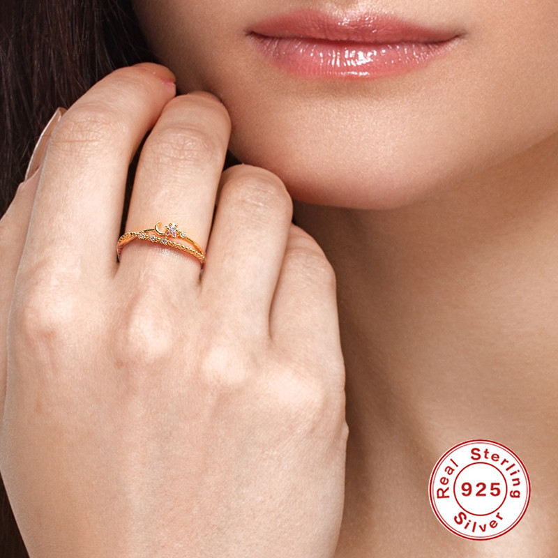 S925 Sterling Silver Geometric Moon Small Diamond Sparkling Open Ring TikTok Same Style Colorful Diamond Exquisite Index Finger Ring for Women