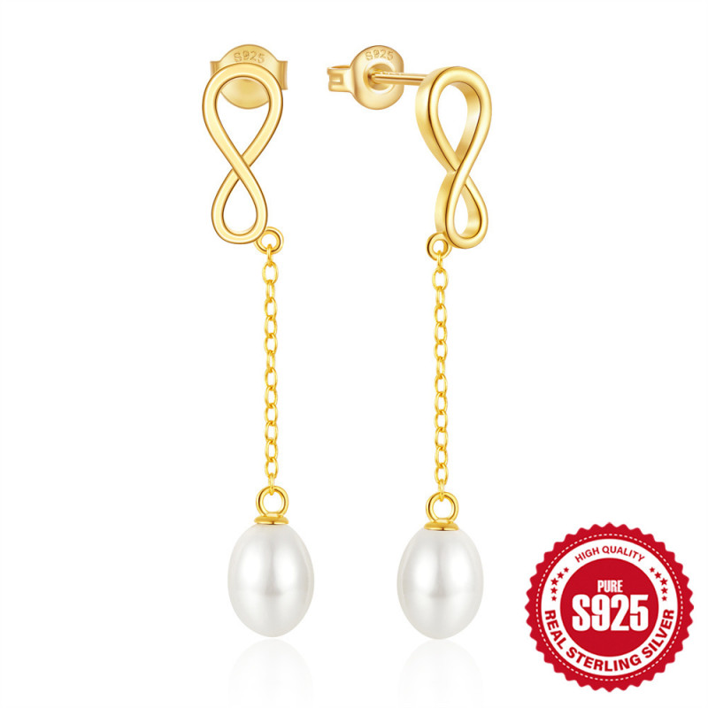 S925 Sterling Silver Pearl Tassel 8-Shaped Infinity Valentine's Day Earrings European and American Hot-Selling Creative INS Style Earrings