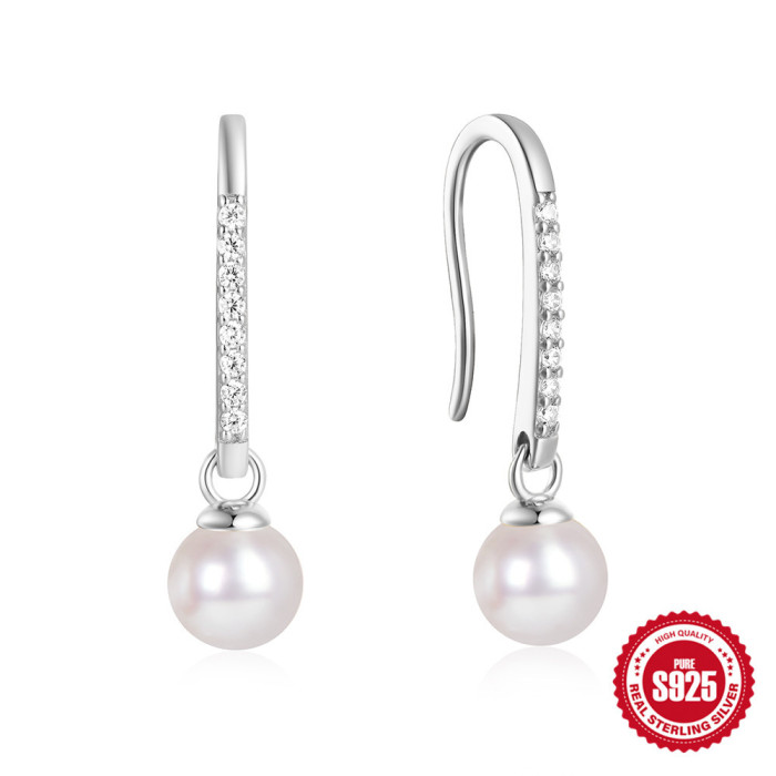 S925 Sterling Silver High-End Versatile Diamond-Studded Pearl Ear Hook Earrings Korean and Japanese Style Internet Celebrity Temperament Personality INS Earrings
