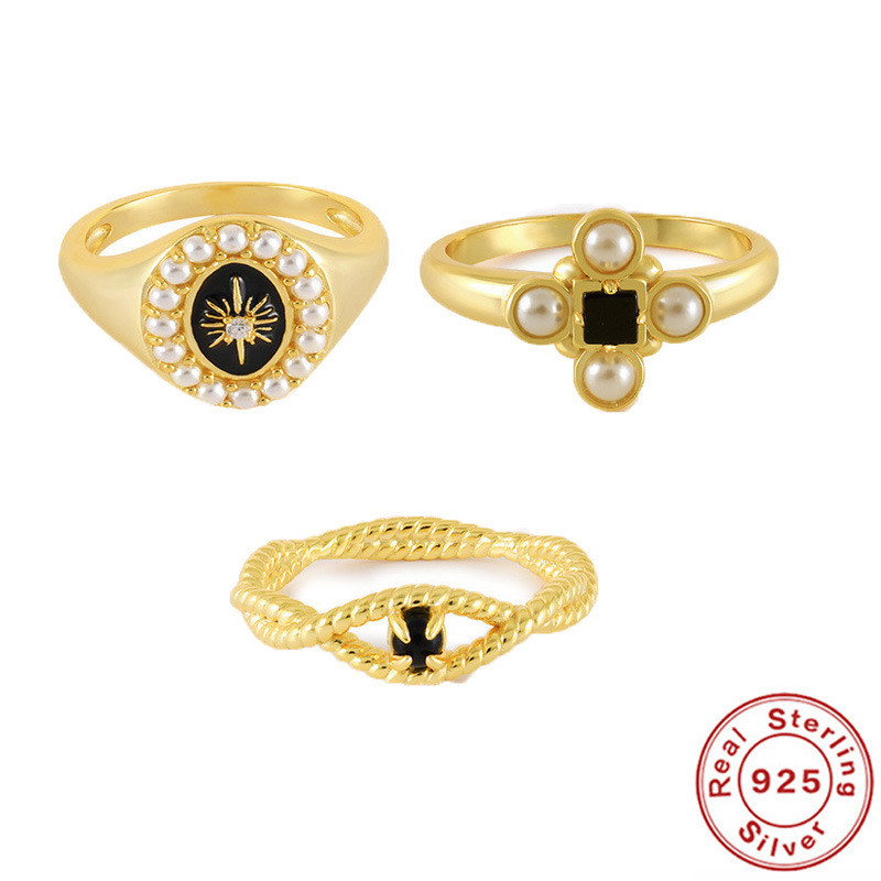 S925 Sterling Silver INS Geometric Pattern Night Sky Pearl Double Rope Inlaid Diamond Ring European and American Creative Personality Index Finger Ring
