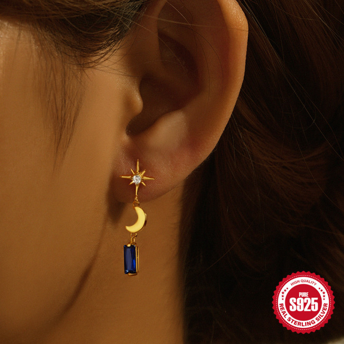 New 925 Sterling Silver Heart Eight-Pointed Star Inlaid Diamond Crescent Moon Versatile Earrings European and American French Style Colorful Diamond Stud Earrings