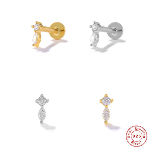 S925 Sterling Silver Geometric Diamond-Studded Body Piercing Stud Earrings European and American Best-Selling Flat Head Threaded Piercing Cartilage Stud Earrings