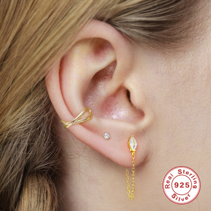 S925 Sterling Silver Rhombus Inlaid Diamond Tassel Chain Earrings Studs Internet Celebrity Street Style Personality K Gold Plated Light Luxury Women's Earrings