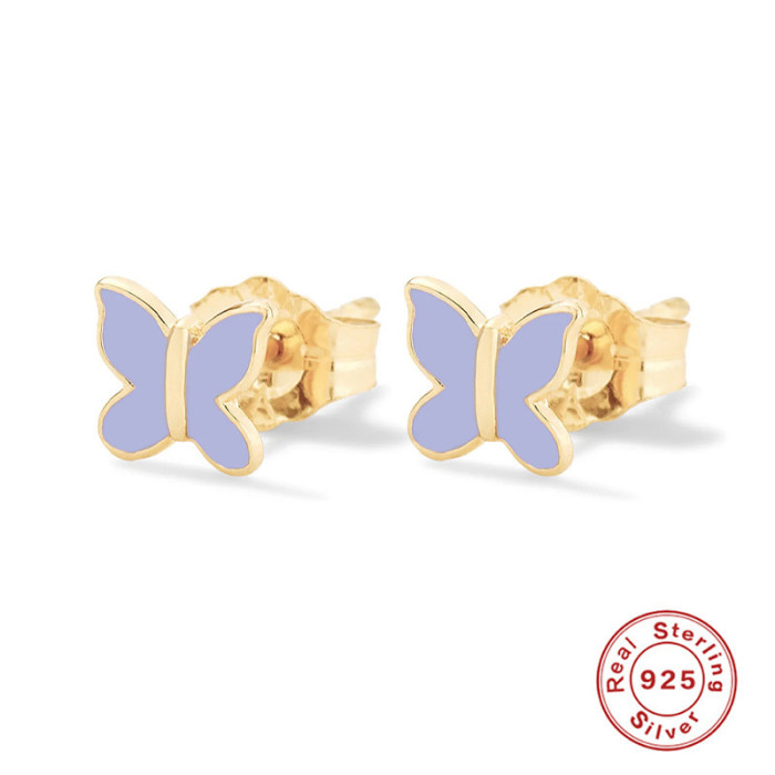 S925 Sterling Silver INS Butterfly Enamel Oil Drop Colorful Stud Earrings Bestselling Cute Elegant Earrings