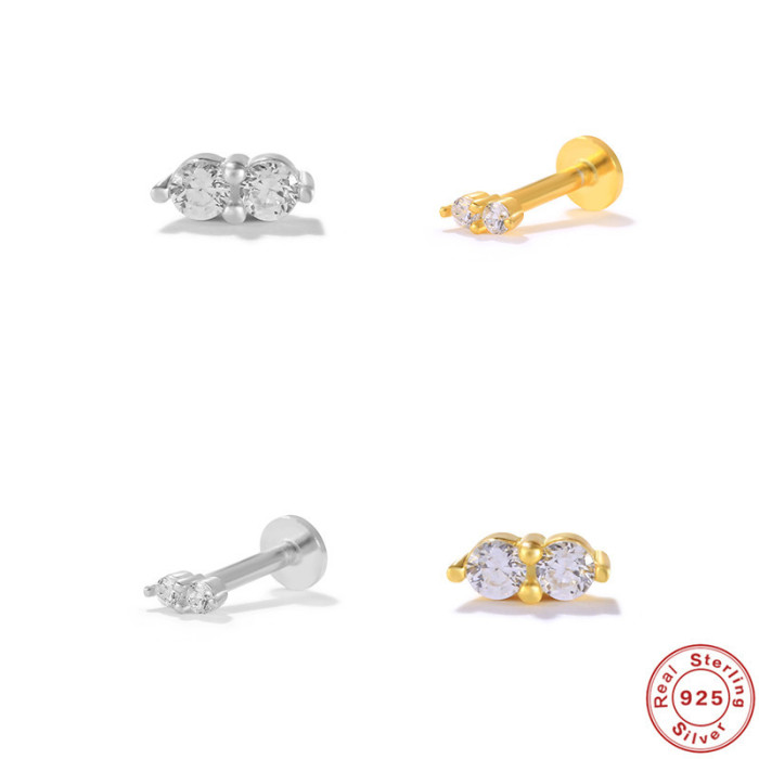 S925 Sterling Silver Two Diamond-Studded Flat Head Threaded Stud Earrings European and American Personality Trend Body Piercing Cartilage Stud Earrings