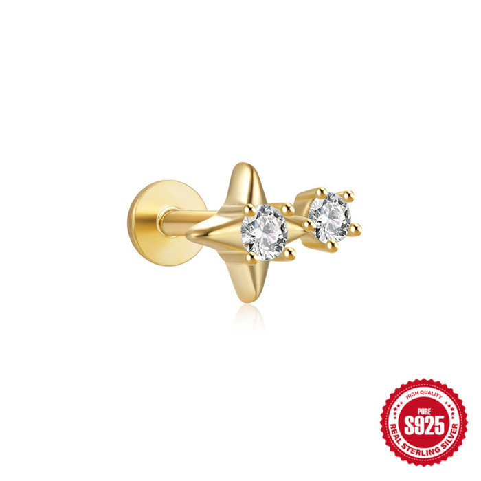 S925 Sterling Silver Geometric Star Inlaid Diamond Fashion Flat Head Piercing Threaded Ear Bone Stud New Hot-Selling Earrings for Women