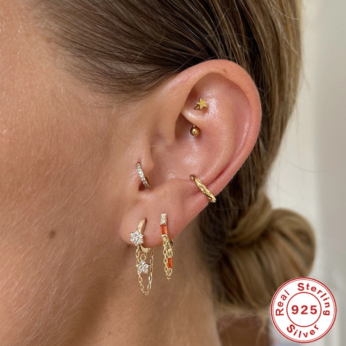 S925 Sterling Silver Geometric Tassel Chain Square Zircon Pendant Earrings Hoop Earrings European and American New Style Elegant Earrings for Women