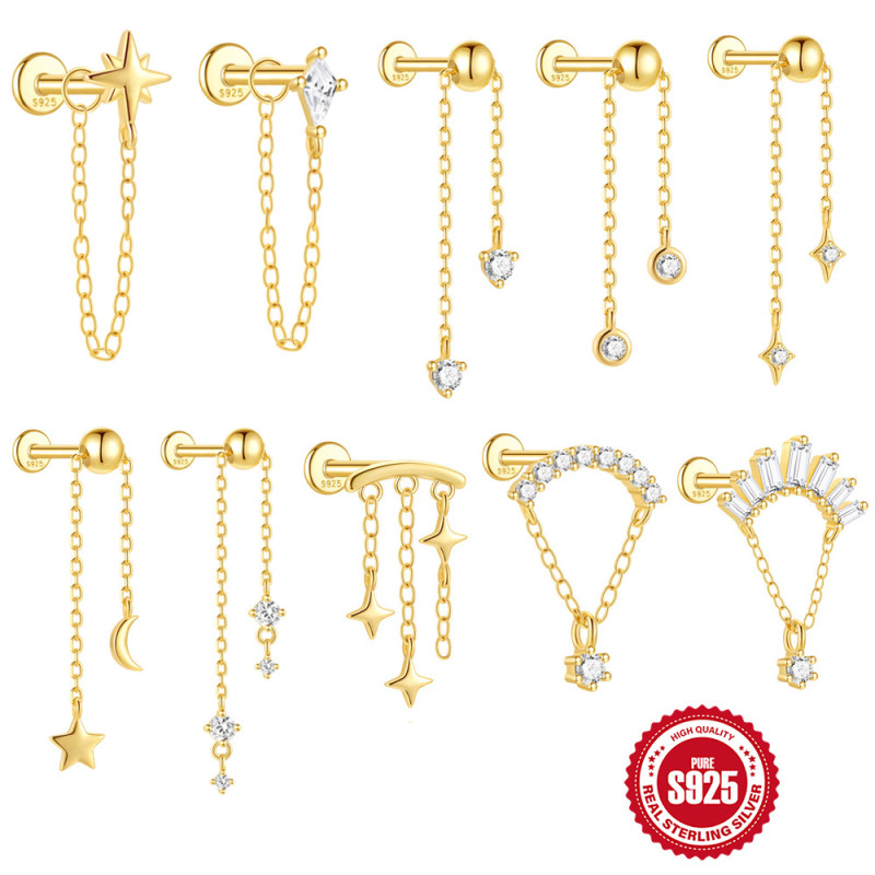 S925 Sterling Silver Classic Tassel Chain Inlaid Diamond Flat Head Thread Piercing Ear Bone Stud European and American Hot-Selling Small Gold Bead Earrings