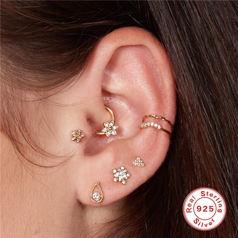 S925 Sterling Silver Classic Flower Inlaid Diamond Piercing Jewelry Korean and Japanese Style Small Hoop Earrings INS Creative Light Luxury Snap Hoop Nose Ring