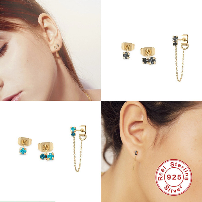 S925 Sterling Silver Asymmetric Chain Tassel Diamond Stud Earrings Hoop Earrings Cross-Border Hot-Selling Creative Earrings Set