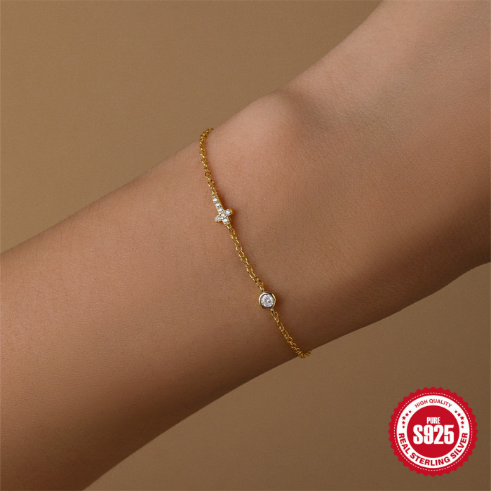 S925 Sterling Silver Cross Inlaid with Diamonds Classic Fashion Bracelet Korean Version Niche Hot-Selling Design INS Style Women's Jewelry