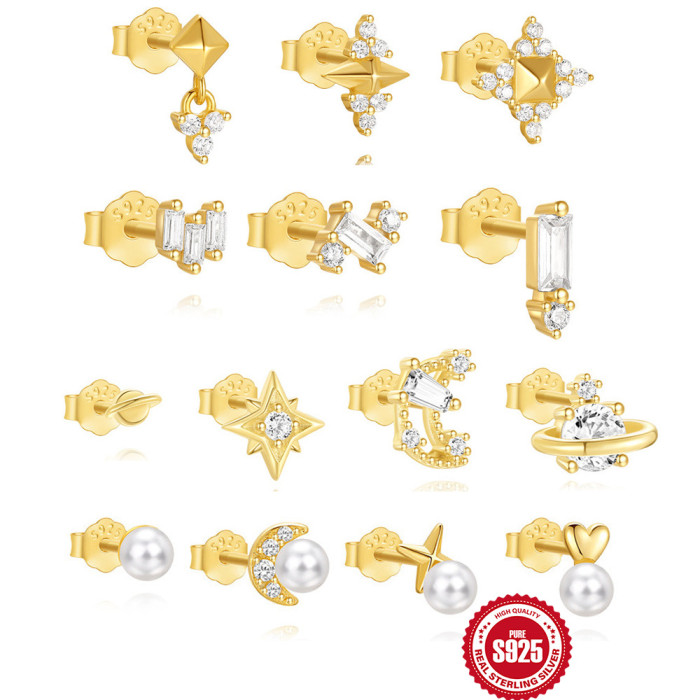 S925 Sterling Silver Planet Eight-Pointed Star Sparkling Diamond Set Earrings Niche High-End Pearl Geometric Elegant Versatile Earrings