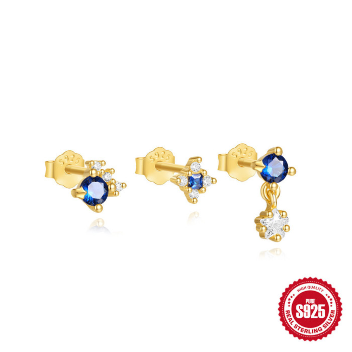 S925 Sterling Silver Exquisite Small Star Earrings Three-Piece Set Korean Version High-End Niche Design Zircon Earrin...