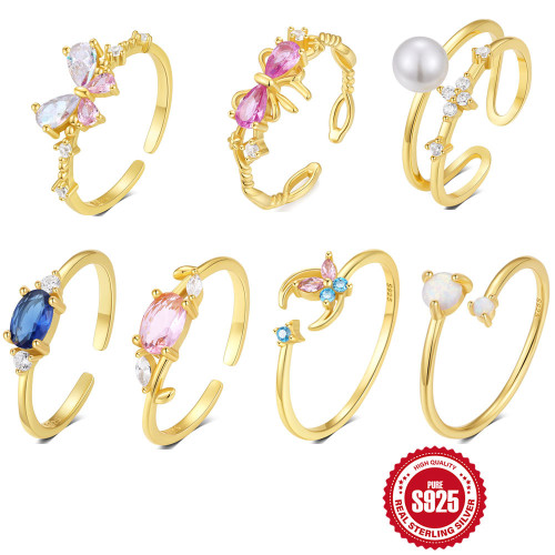New S925 Sterling Silver Bowknot Moon Colorful Diamond Open Ring European and American Hot-Selling High-End Opal Index Finger Ring