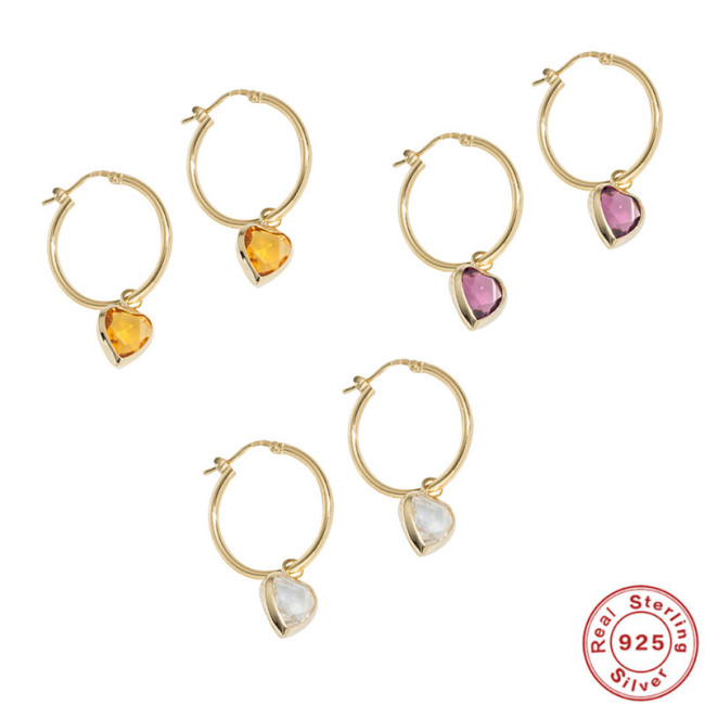 S925 Sterling Silver INS Stone-Inlaid Heart Pendant Topaz Hoop Earrings Korean and Japanese Style Elegant Fashion E...