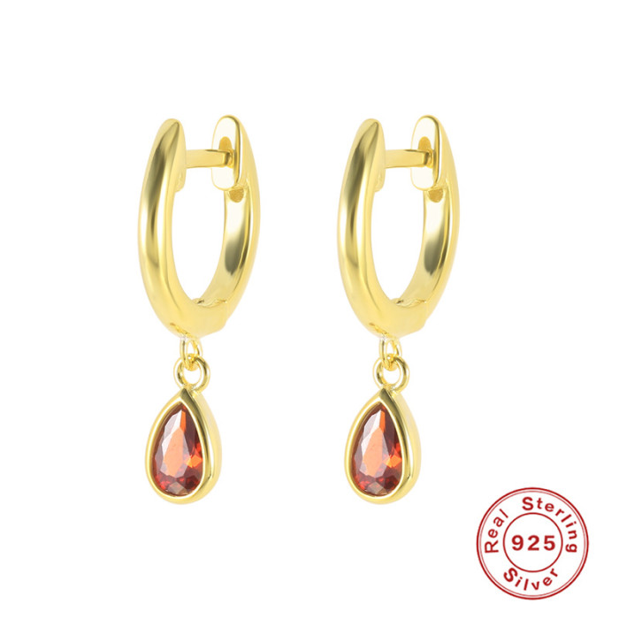 S925 Sterling Silver Geometric Water Drop Zircon Earrings Ear Clips INS Style Inlaid with Colored Stones Hoop Earri...