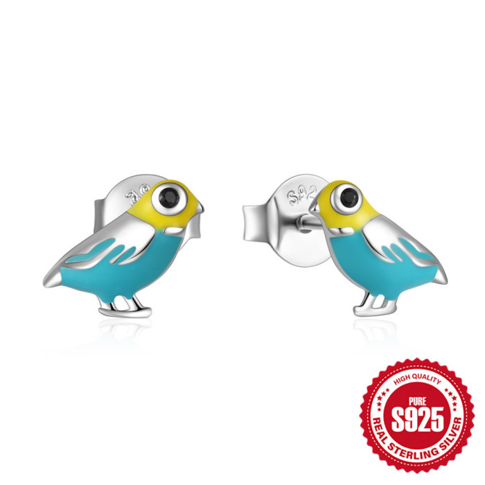 S925 Sterling Silver Personality Colorful Oil Drop Fun Bird Earrings Hot-Selling French Retro Creative Ear Jewelry