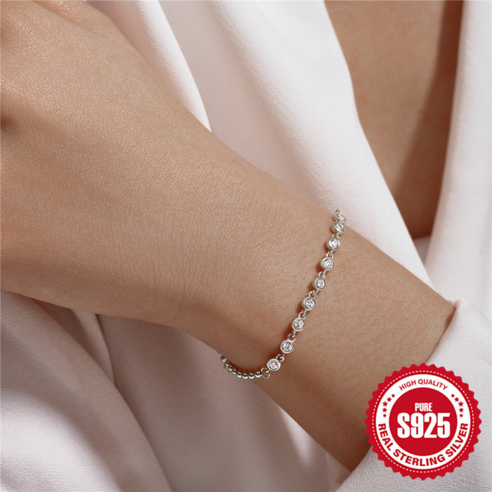 New 925 Sterling Silver Single Row Stone-Studded Small Gold Bead Chain Bracelet Korean Style Internet Celebrity Hot...