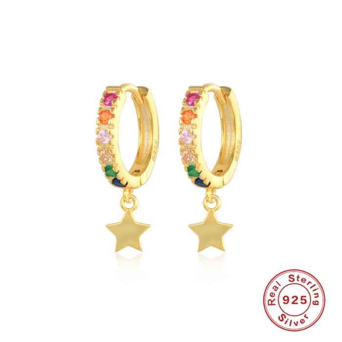 S925 Sterling Silver Colorful Zircon Five-Pointed Star Pendant Hoop Earrings European and American INS Cross-Border Fashion Trendy Ear Cuffs Ear Jewelry