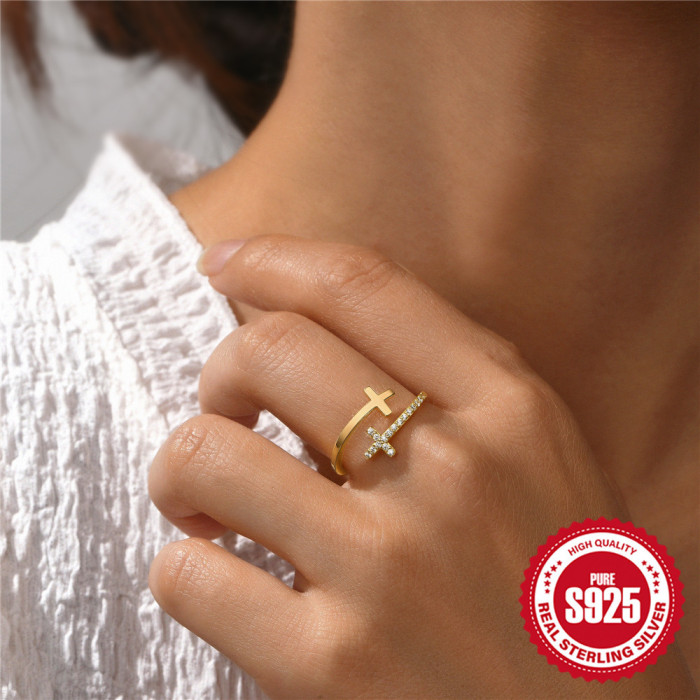 S925 Sterling Silver Inlaid Zircon Double Layer Cross Ring Korean Style High-end Elegant Joint Ring Simple Inlaid Dia...
