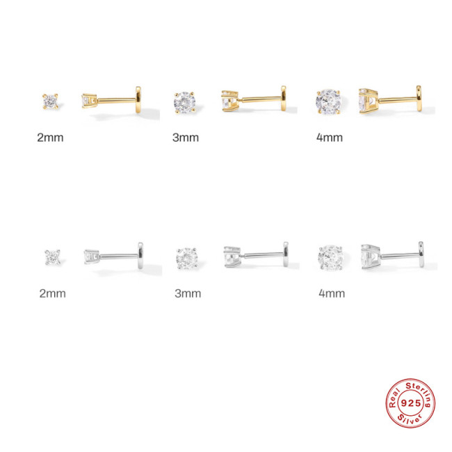 S925 Sterling Silver Four-Prong Diamond-Studded Flat Head Threaded Piercing Cartilage Earrings European and American Hot-Selling Classic Elegant Minimalist Ear Jewelry