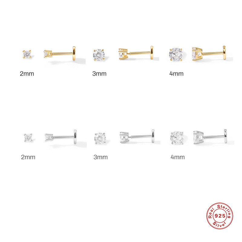 S925 Sterling Silver Four-Prong Diamond-Studded Flat Head Threaded Piercing Cartilage Earrings European and American Hot-Selling Classic Elegant Minimalist Ear Jewelry