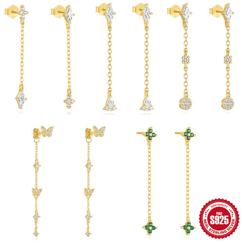 S925 Silver Geometric Butterfly Clover Tassel Versatile Layered Earrings European and American Hot Selling Diamond-Encrusted Light Luxury Ear Jewelry