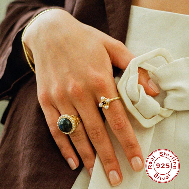 S925 Sterling Silver INS Geometric Pattern Night Sky Pearl Double Rope Inlaid Diamond Ring European and American Creative Personality Index Finger Ring