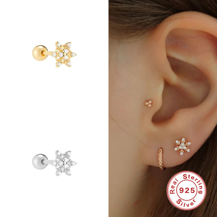 S925 Sterling Silver Snowflake Inlaid Diamond Piercing Ear Bone Stud European and American Christmas Style Personality Korean Version INS Piercing Ear Jewelry Ear Stud