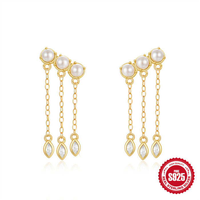 Classic S925 Sterling Silver Daily Wear Tassel Pearl Earrings European and American Hot Selling Horse Eye Diamond Temperament Earrings