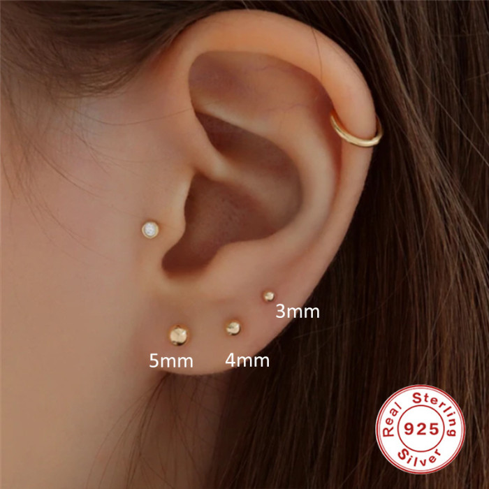 S925 Sterling Silver Creative Round Ball Piercing Earrings Korean and Japanese Style Personality INS Flat Head Threaded Piercing Soft Ear Bone Stud