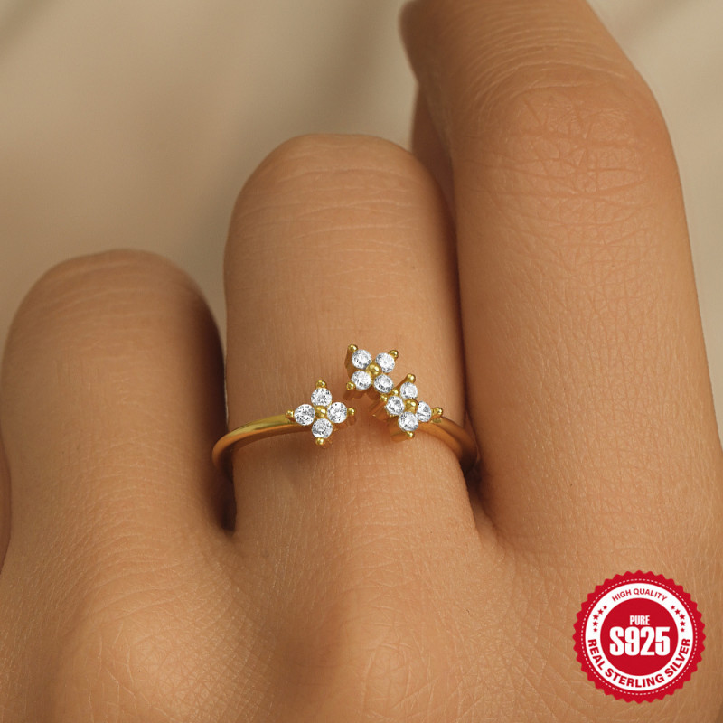 S925 Sterling Silver Inlaid Diamond Petal Daily Matching Open Ring Korean Version Internet Celebrity Niche Design Sense Index Finger Ring for Women