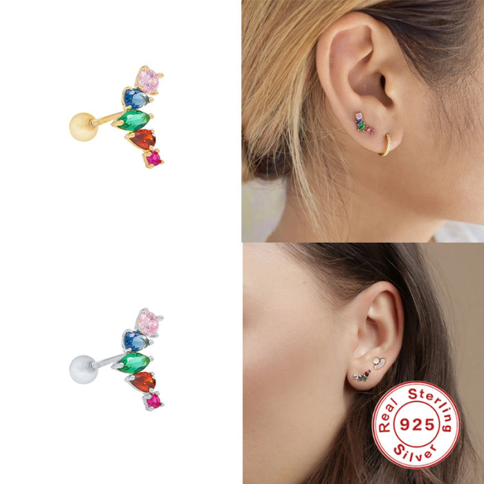 S925 Sterling Silver Creative Geometric Colorful Zircon Wing Threaded Piercing Ear Bone Stud European and American Hot-Selling Elegant Earrings