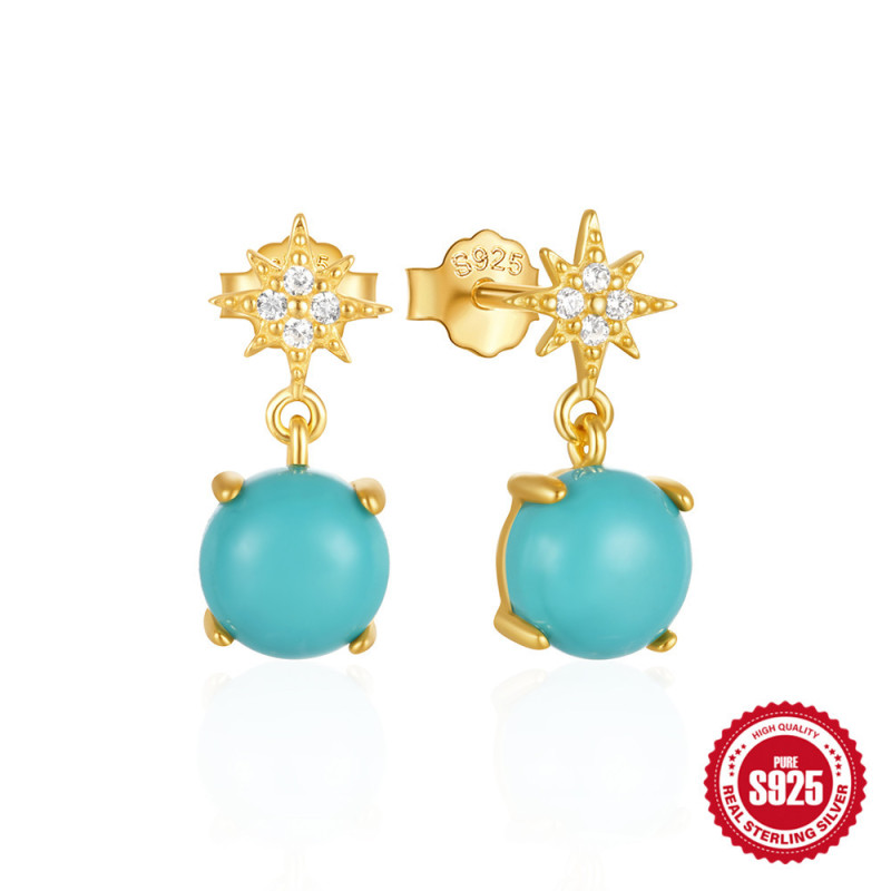 New 925 Sterling Silver Personalized Octagonal Star Inlaid with Diamonds and Turquoise Earrings Studs Earrings European and American French Style Elegant Earrings