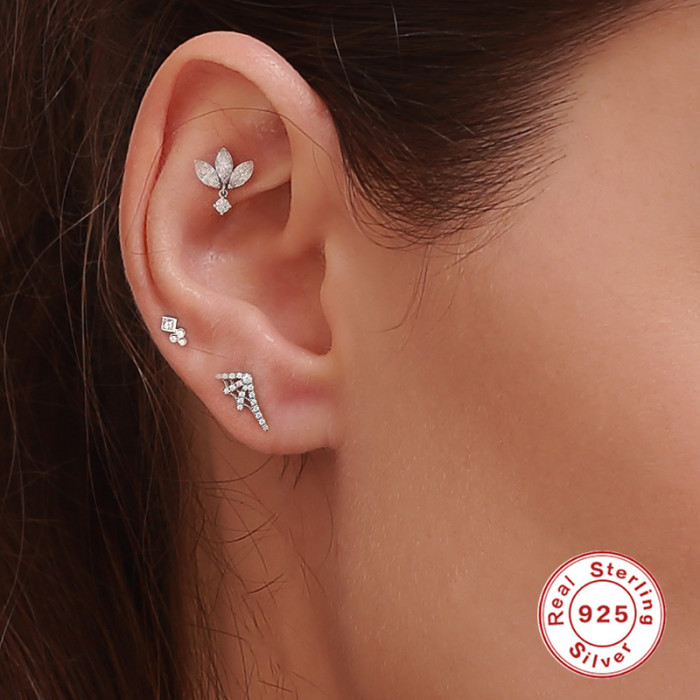 S925 Sterling Silver Geometric INS Style Piercing Ear Bone Stud Earrings European and American Bestselling Nose Ring Body Piercing Screw Jewelry