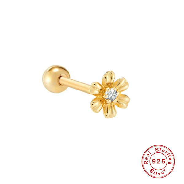S925 Sterling Silver Six-Petal Flower Elegant Mini Diamond-Studded Piercing Jewelry Threaded Earrings Elegant Ear Bone Stud Earrings