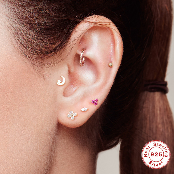 New S925 Sterling Silver Geometric Diamond-Studded Flat Head Body Piercing Ear Stud Ins Trendy Threaded Piercing Ear Jewelry