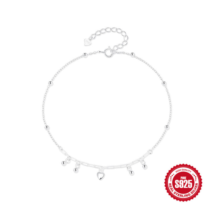 S925 Sterling Silver Double Adjustable Paperclip Anklet European and American Fashion Summer Versatile Heart-shaped Round Bead Pendant Foot Jewelry