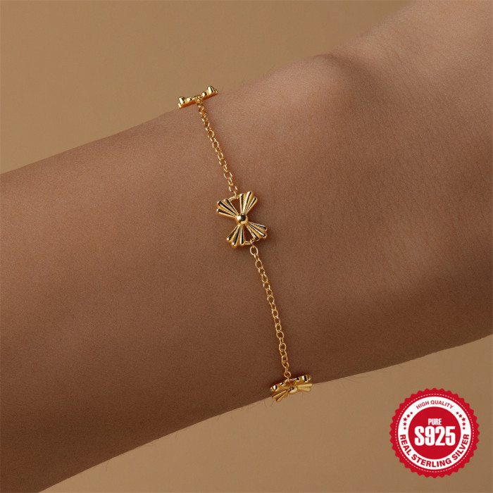 New S925 Sterling Silver Bowknot Stone-Inlaid Personality Versatile Bracelet French Style Temperament Hot-Selling T...