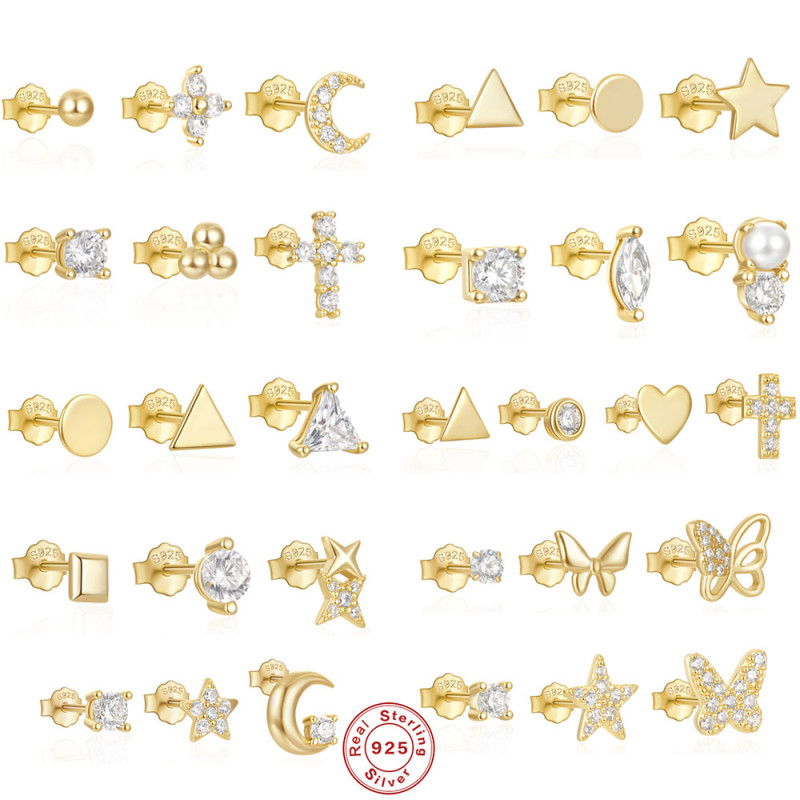 New 925 Sterling Silver Geometric Star Moon Diamond Set Earrings European and American Hot Selling Elegant Pearl Earrings Jewelry