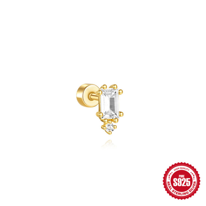 S925 Sterling Silver Flat Column Threaded Piercing Ear Bone Stud European and American Hot Selling Geometric Inlaid Diamond Opal Earrings Ear Jewelry