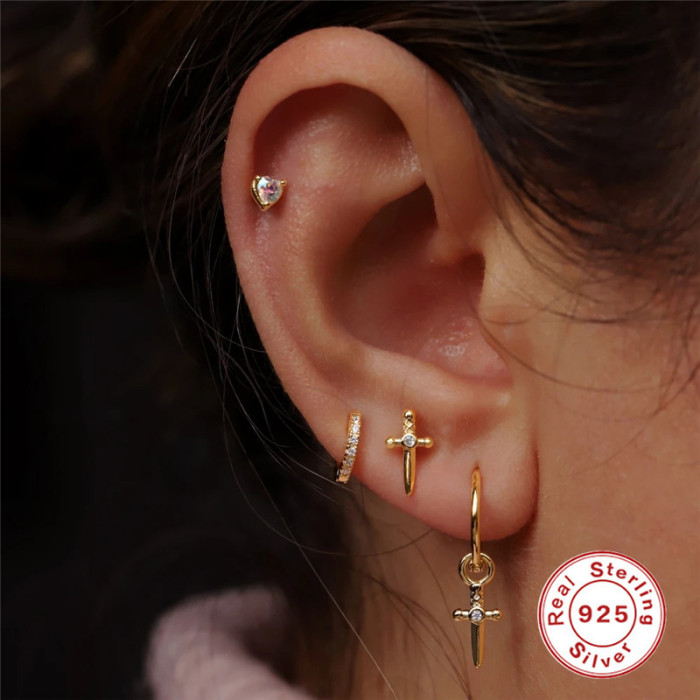 S925 Sterling Silver Dagger with Diamond Inlay Threaded Piercing Cartilage Earrings European and American Creative INS Accessories Personality Jewelry