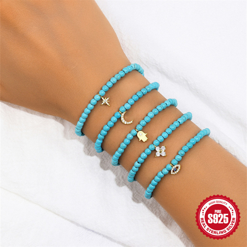 New 925 Sterling Silver Turquoise Handmade Beaded Bracelet European and American French Style Inlaid with Diamonds DIY Accessories Christmas Jewelry for Women