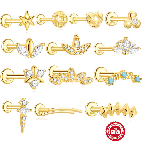 S925 Sterling Silver Horse Eye Geometric Diamond-Studded Flat Head Soft Bone Threaded Piercing Ear Bone Stud Cross-Border Hot Selling Versatile Ear Jewelry