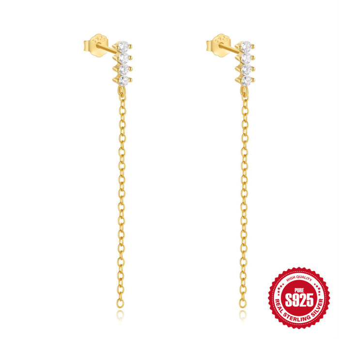 S925 Sterling Silver Gold-Plated Chain Tassel Versatile Earrings Korean Style Simple Earrings Super Sparkling Zircon Inlaid Diamond Light Luxury Ear Jewelry